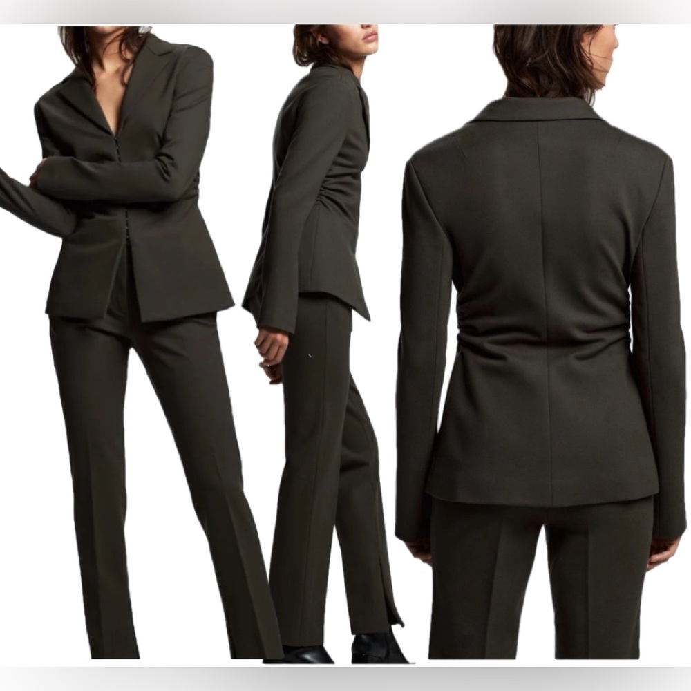 Zara women olive khaki green ruched blazer jacket hook eye closure Sz XL NWOT